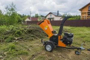 Механизированное измельчение веток на объекте с арендованной техникой.