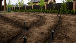 Специалисты Arbori Culture выполняют установку автоматического полива на участке.