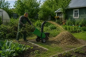 Измельчение веток в щепу специалистами Arbori Culture с использованием профессионального оборудования.