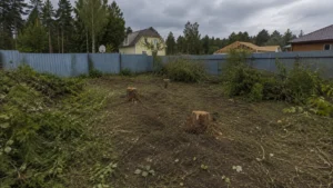 Территория с оставшимися пнями после вырубки деревьев.