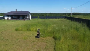 Уход за участком — покос травы триммером компанией Arbori Culture.