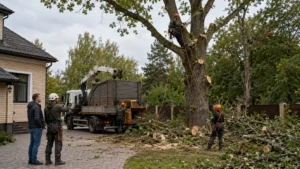 Спил дуба специалистами Arbori Culture с использованием профессионального оборудования.