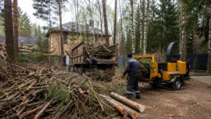 Утилизация деревьев и веток специалистами Arbori Culture на участке.