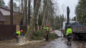 Специалисты Arbori Culture выполняют валку дерева на участке.