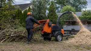 Специалисты Arbori Culture выполняют переработку веток в древесную щепу.