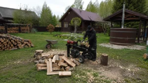 Заготовка дров методом колки древесины на объекте.