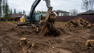 Корчевание и удаление пней специалистами Arbori Culture с применением спецтехники.