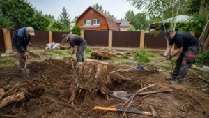 Специалисты Arbori Culture выполняют удаление пней и корневой системы на участке.