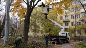 Безопасная опиловка деревьев с применением высотного оборудования.