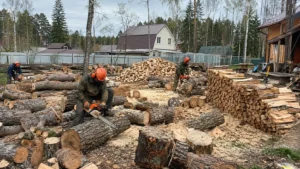 Специалисты Arbori Culture выполняют распиловку древесины на дрова на объекте.