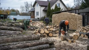 Проведение работ по распиловке древесины на дрова с применением бензоинструмента.
