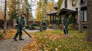 Уборка листвы специалистами Arbori Culture на участке.