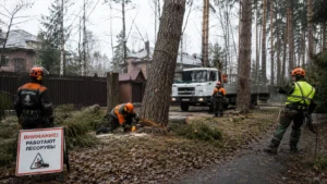 Безопасная валка деревьев на объекте.