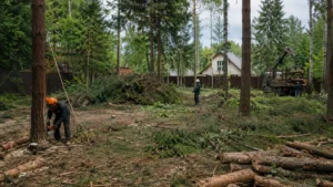Этап выполнения вырубки леса с применением профессионального оборудования.