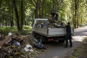 Специалисты Arbori Culture выполняют погрузку и вывоз мусора с участка.
