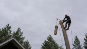 Аварийное удаление сосны у дома специалистами Arbori Culture — подготовка и демонтаж верхней части дерева.