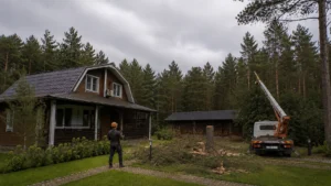Результат аварийного удаления сосны у дома компанией Arbori Culture — очищенная и безопасная территория.