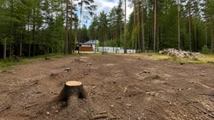 Участок с пнями и древесными остатками до начала работ по корчевке и расчистке специалистами Arbori Culture.