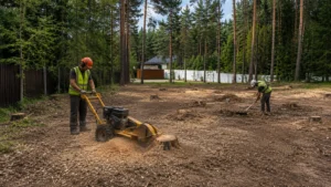 Корчевка пней и расчистка участка специалистами Arbori Culture — начало удаления пней и корневой системы.