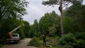 Санитарная обрезка дерева после шторма специалистами Arbori Culture — удаление сломанных и аварийных ветвей.