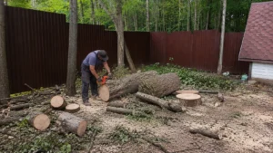 Вывоз спиленных деревьев после распиловки специалистами Arbori Culture — погрузка древесины в грузовой автомобиль.